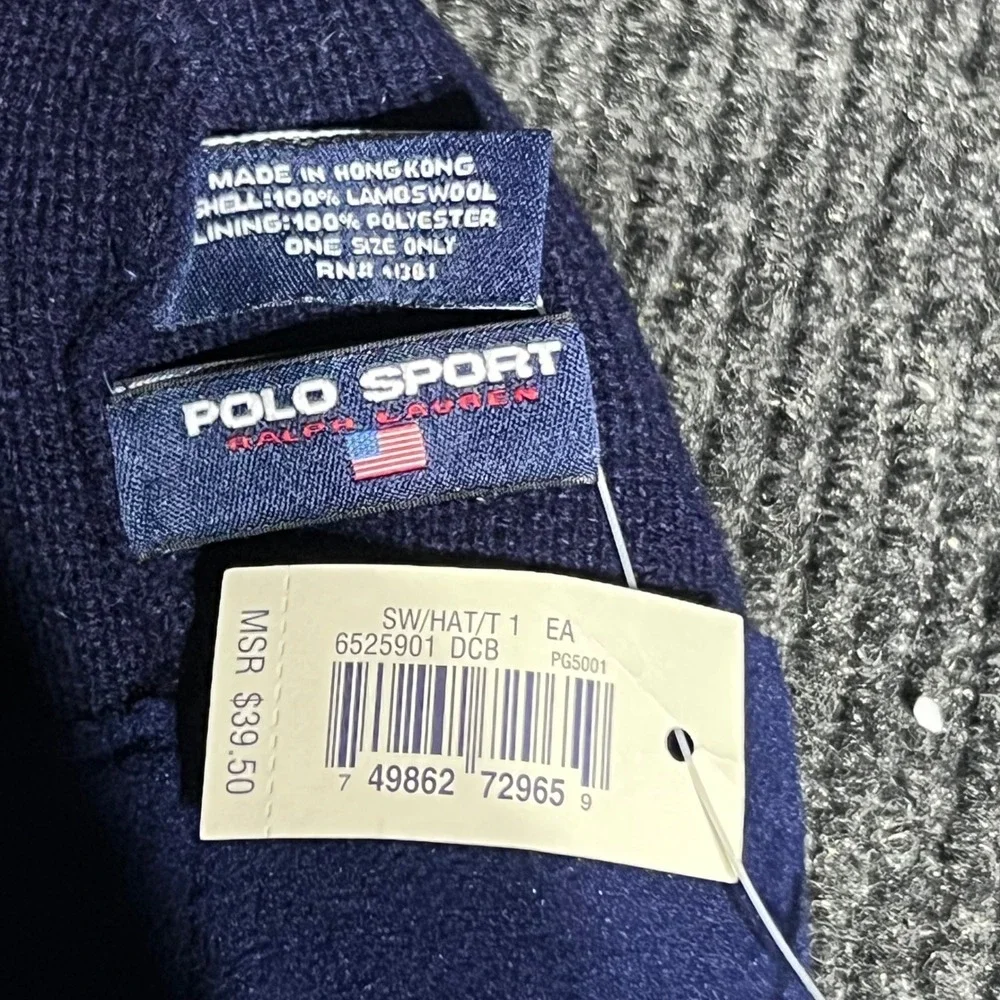 Vintage Polo Sport Beanie Mens OS Navy Red Racing Stripe Lambswool Knit Hat NWT